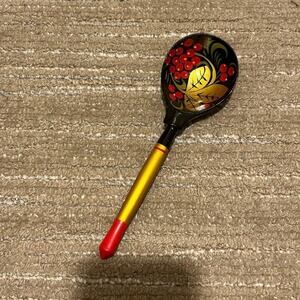 Vintage Russian Folk Art, Khokhloma Ladle, Spoon, Wood, Hand-Painted, Lacquer
